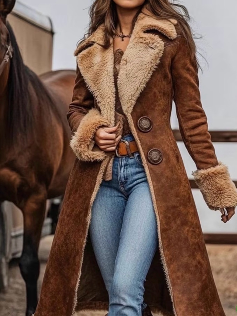 Amazon Women's Brown Suede Trench Coat with Cream Faux Shearling